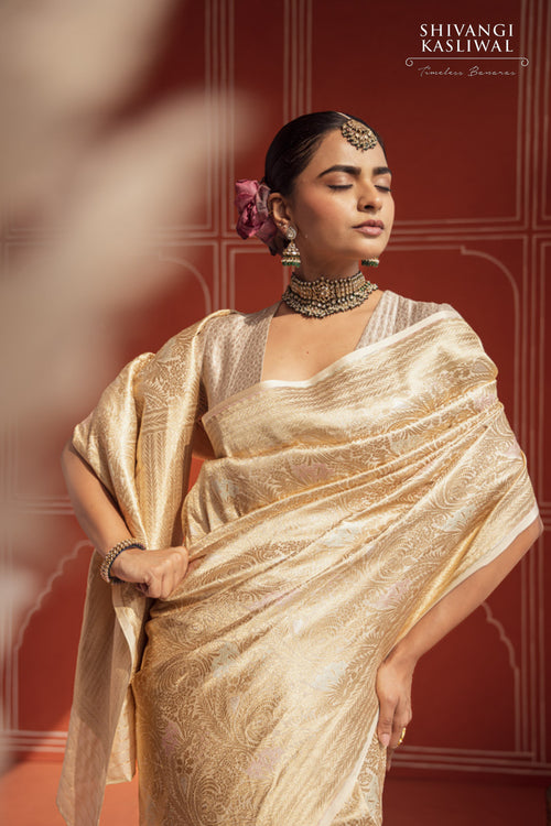 Ivory Handwoven Banarasi Silk Saree