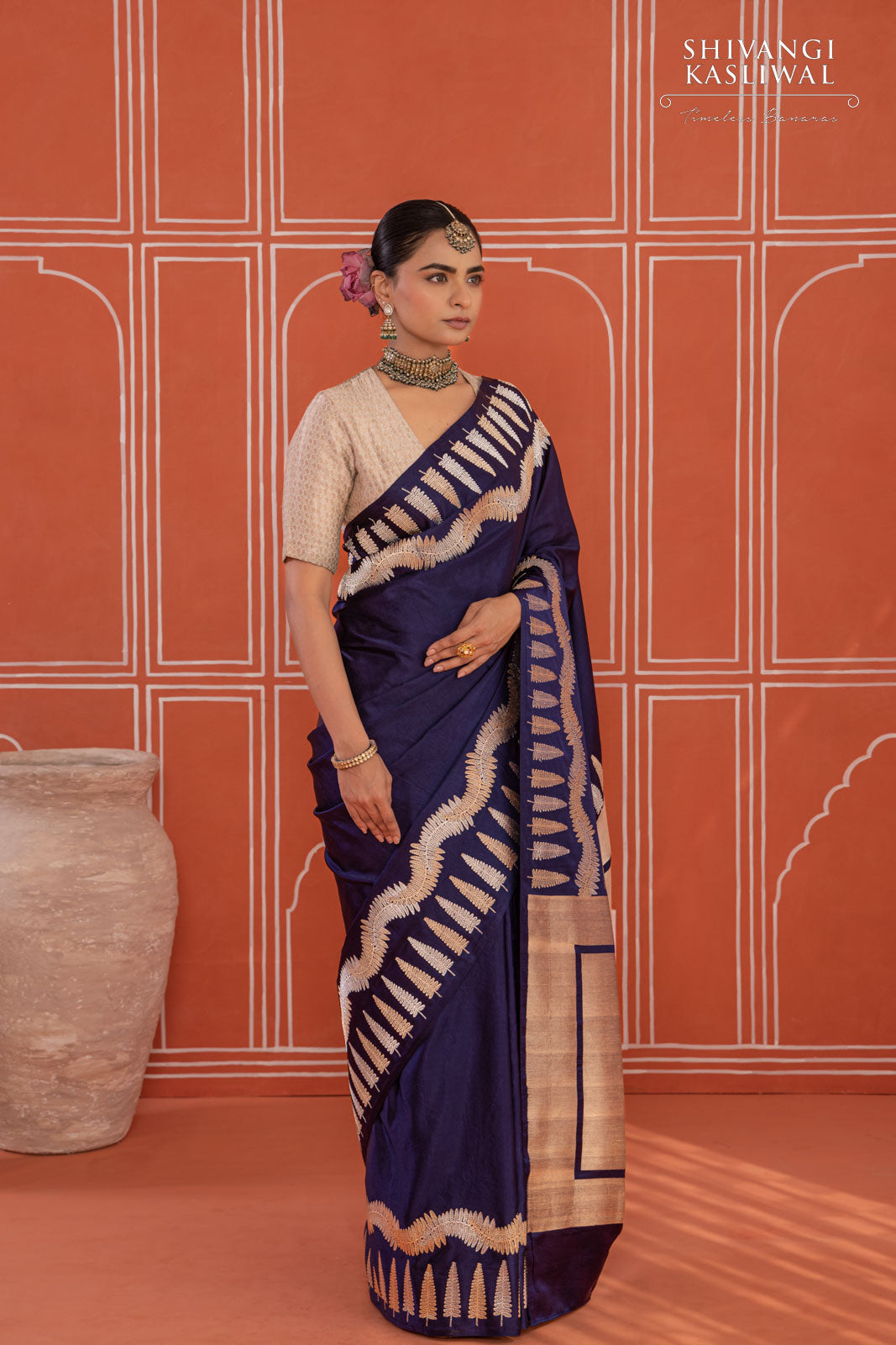 Navy Blue Handwoven Banarasi Satin Silk Saree