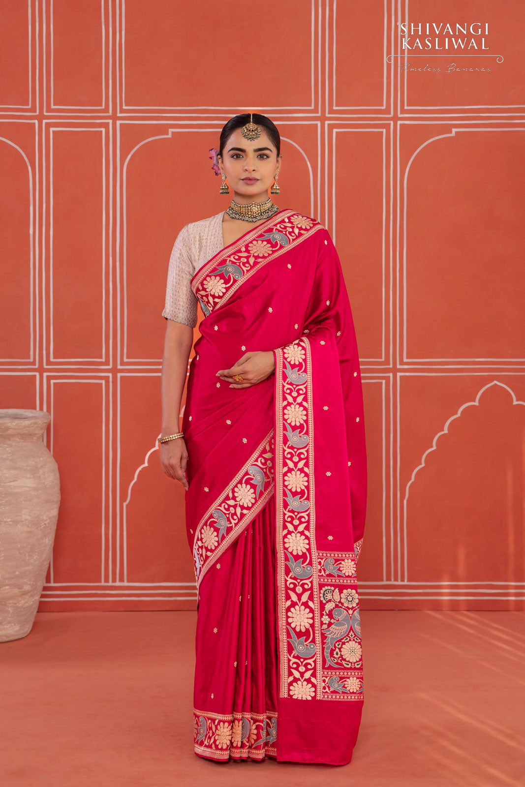 Red Pink Handwoven Banarasi Kadhua Satin Silk Saree