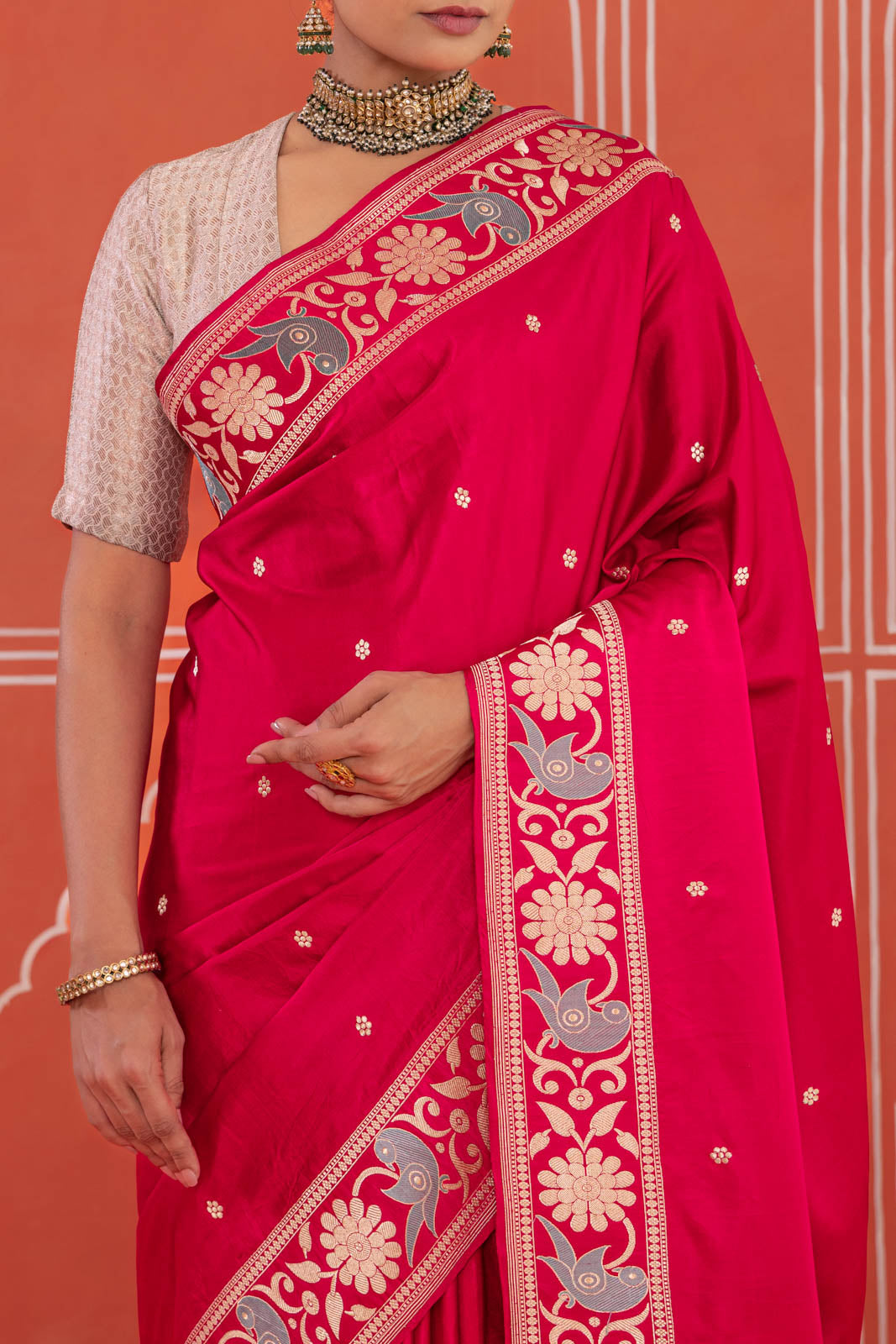 Red Pink Handwoven Banarasi Kadhua Satin Silk Saree