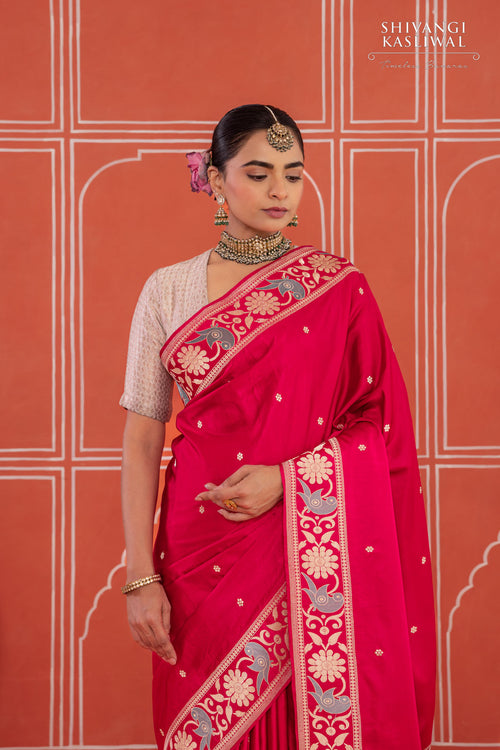 Red Pink Handwoven Banarasi Kadhua Satin Silk Saree