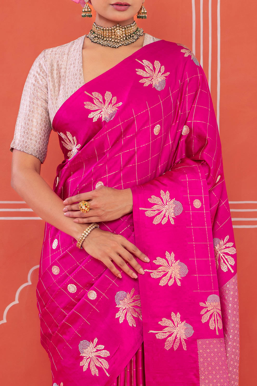 Fuchsia Pink Handwoven Banarasi Kadhua Silk Saree