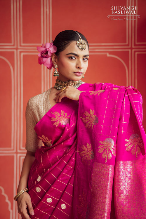 Fuchsia Pink Handwoven Banarasi Kadhua Silk Saree