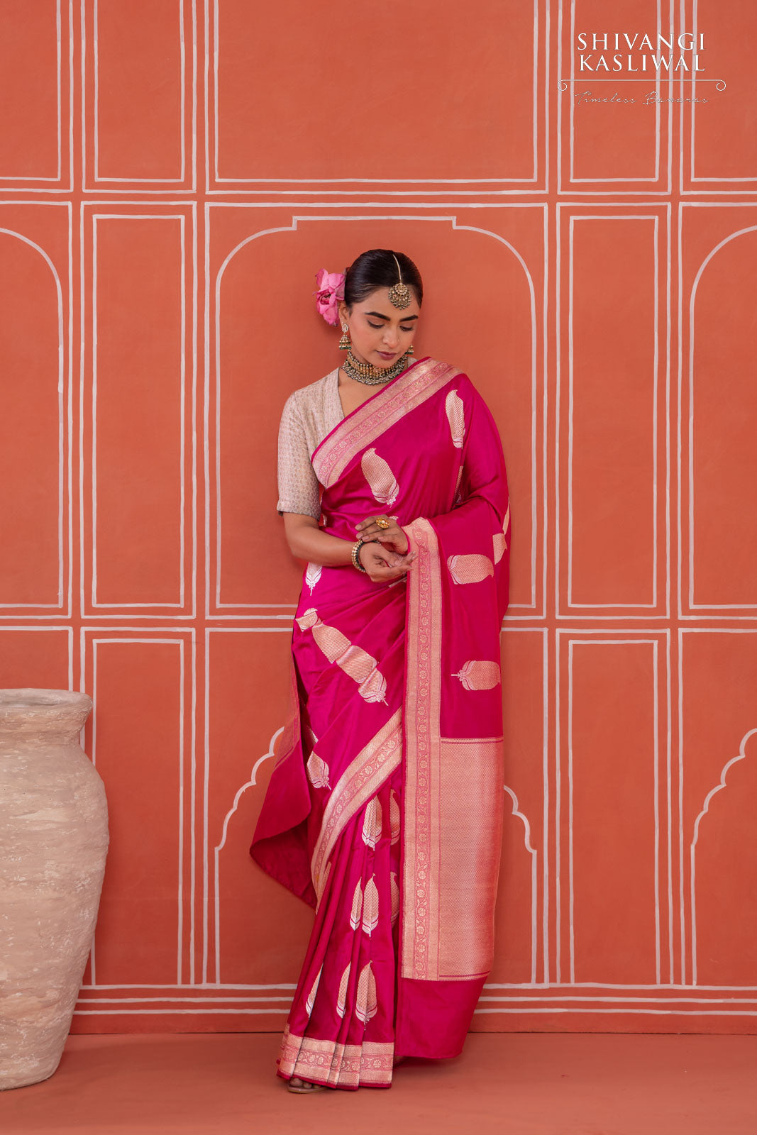 Fuchsia Pink Handwoven Banarasi Kadhua Silk Saree
