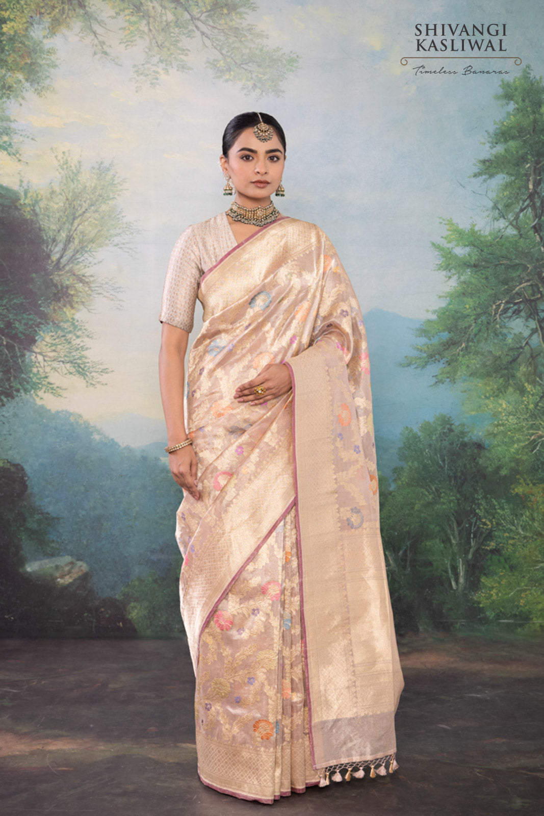 Beige Handwoven Banarasi Kadhua Silk Tissue Saree