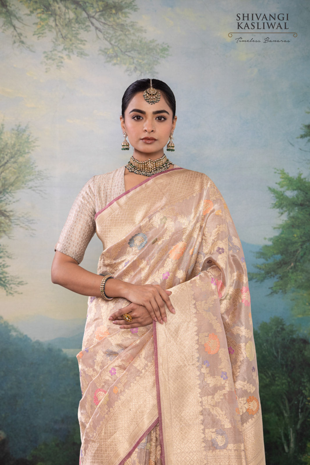 Beige Handwoven Banarasi Kadhua Silk Tissue Saree