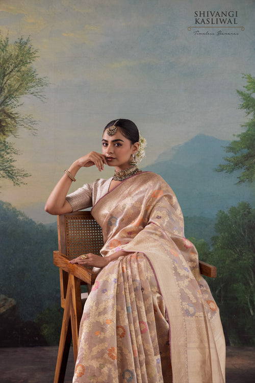 Beige Handwoven Banarasi Kadhua Silk Tissue Saree