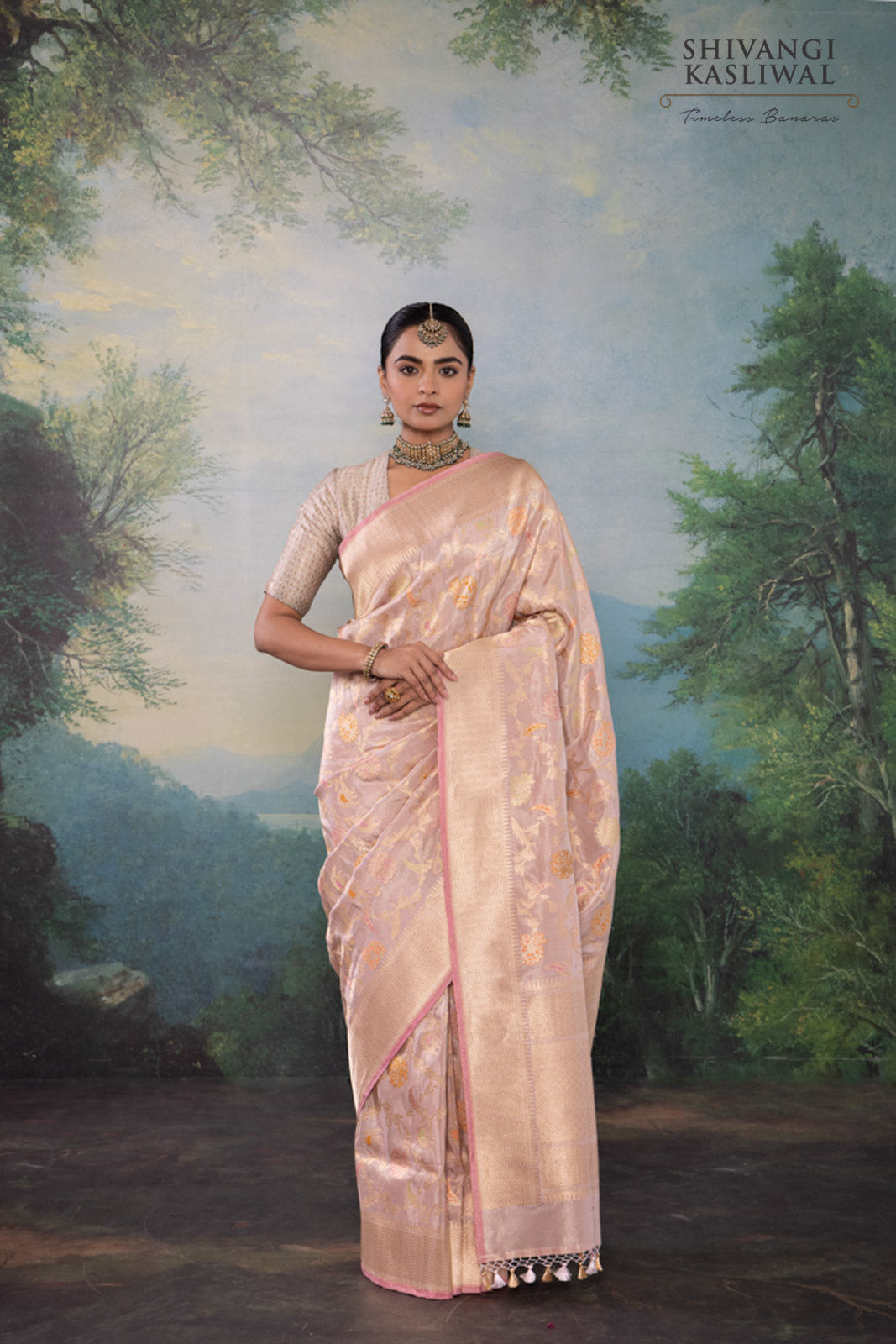 Baby Pink Handwoven Banarasi Kadhua Silk Tissue Saree