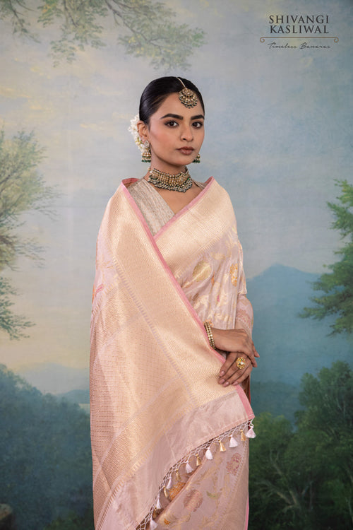 Baby Pink Handwoven Banarasi Kadhua Silk Tissue Saree