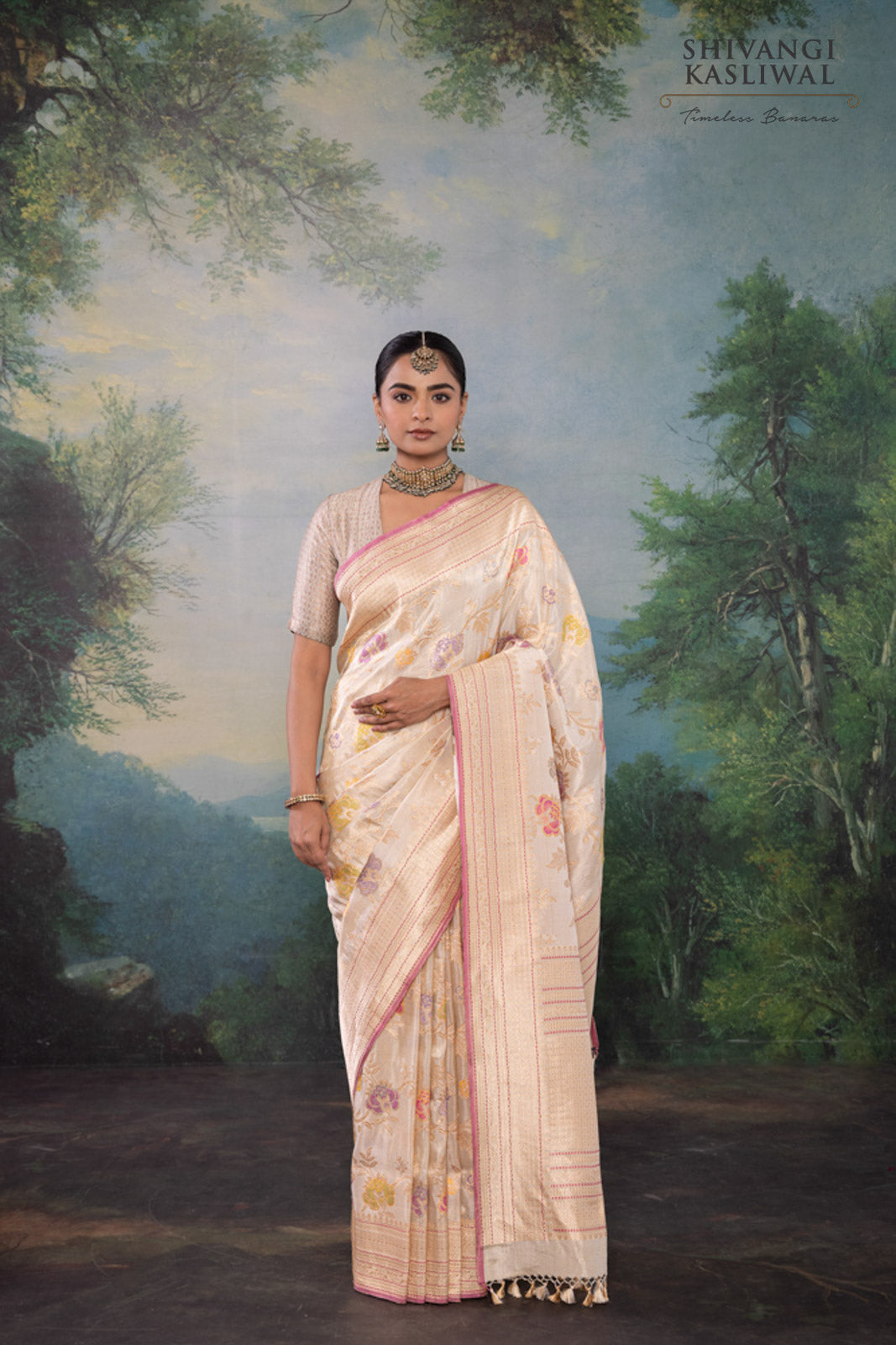 Ivory Handwoven Banarasi Kadhua Silk Tissue Saree