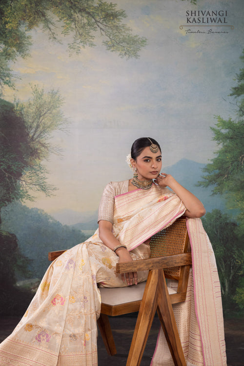 Ivory Handwoven Banarasi Kadhua Silk Tissue Saree