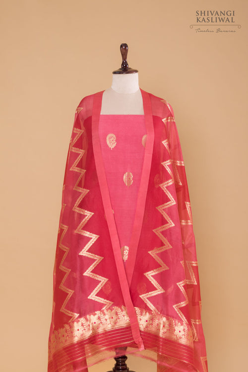 Pink Handwoven Banarasi Chiniya Silk Suit Piece