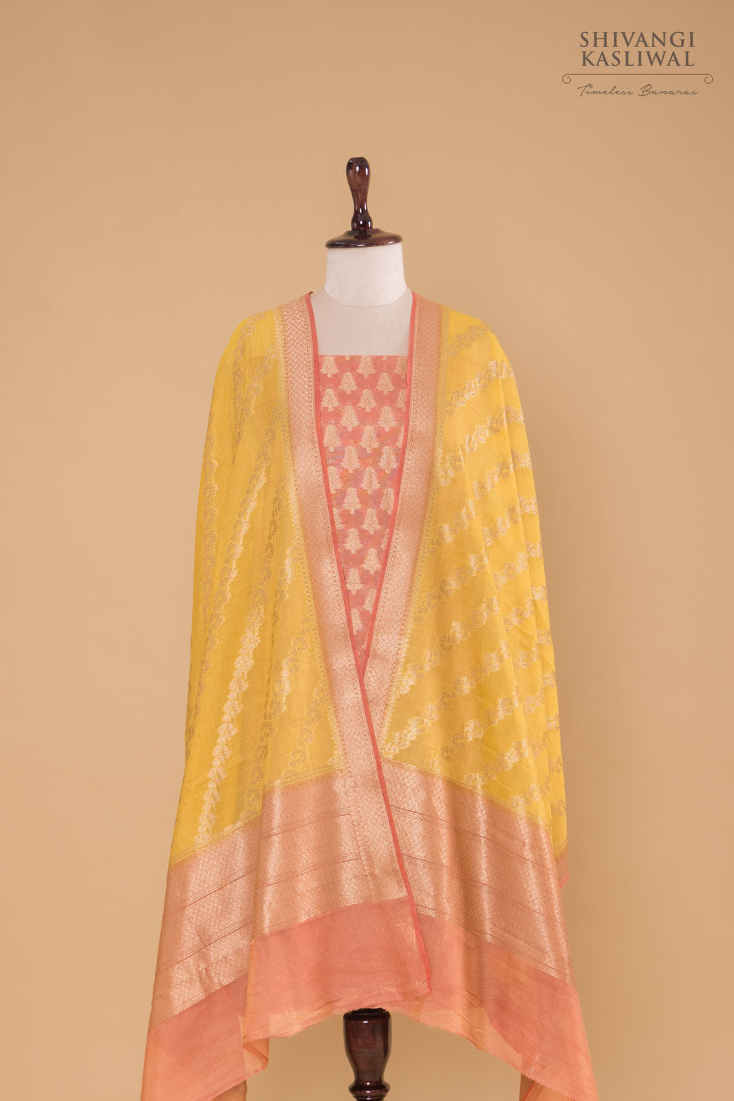 Peach Pink Handwoven Banarasi Chanderi Tissue Suit Piece