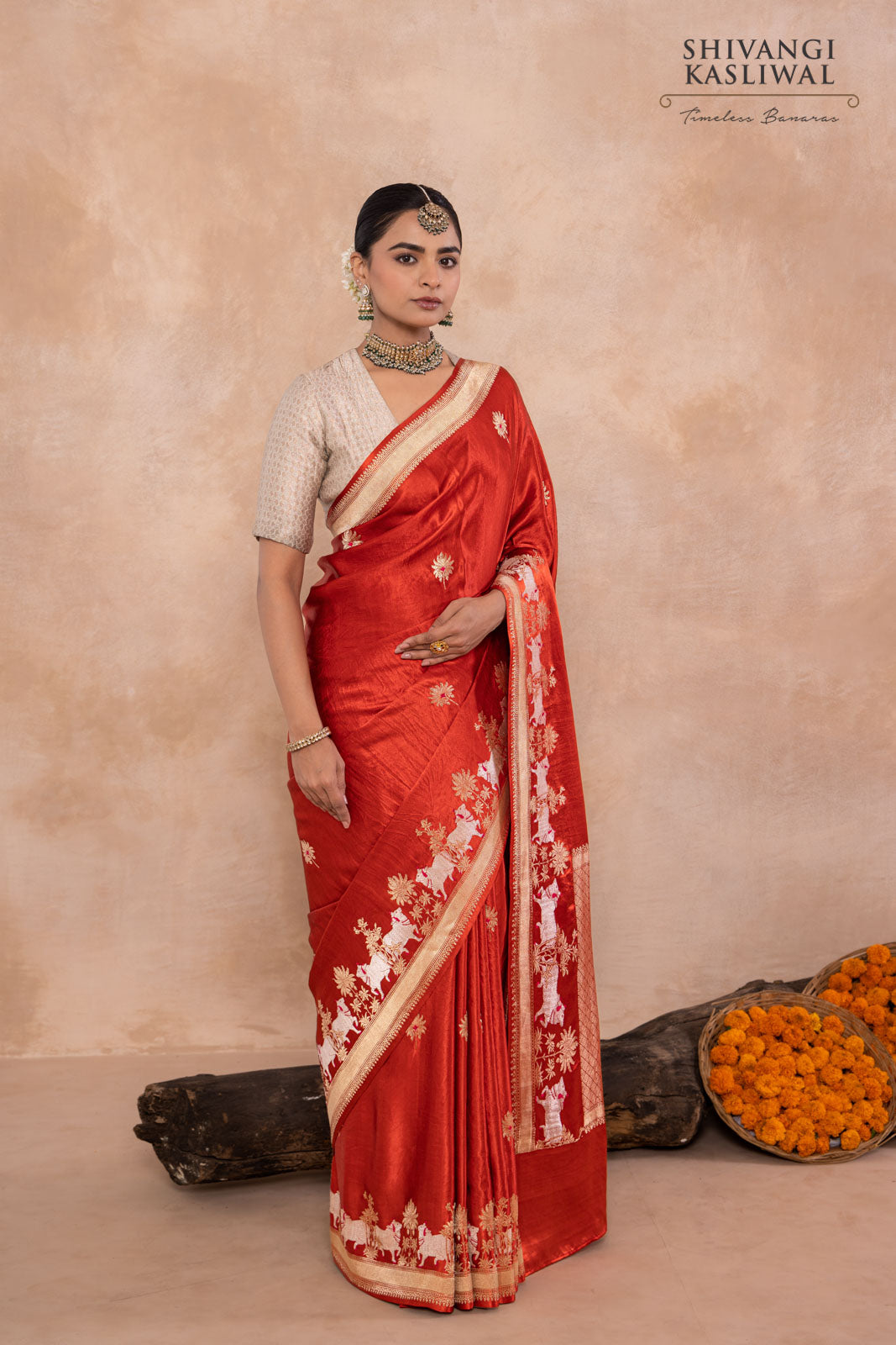 Rust Orange Handwoven Banarasi Kadhua Silk Saree