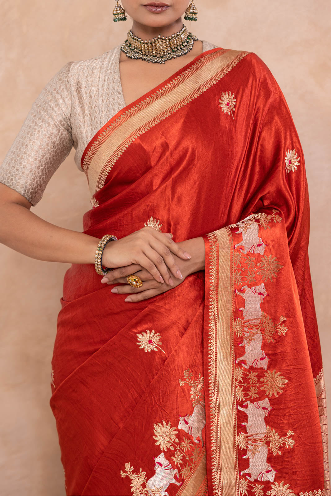 Rust Orange Handwoven Banarasi Kadhua Silk Saree