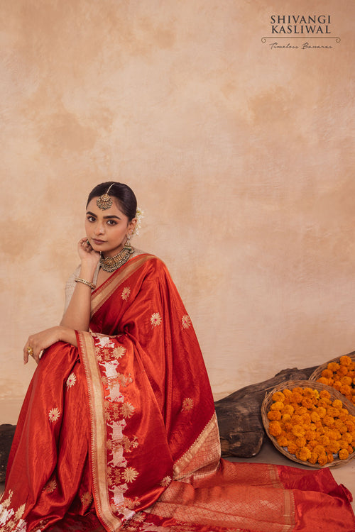 Rust Orange Handwoven Banarasi Kadhua Silk Saree