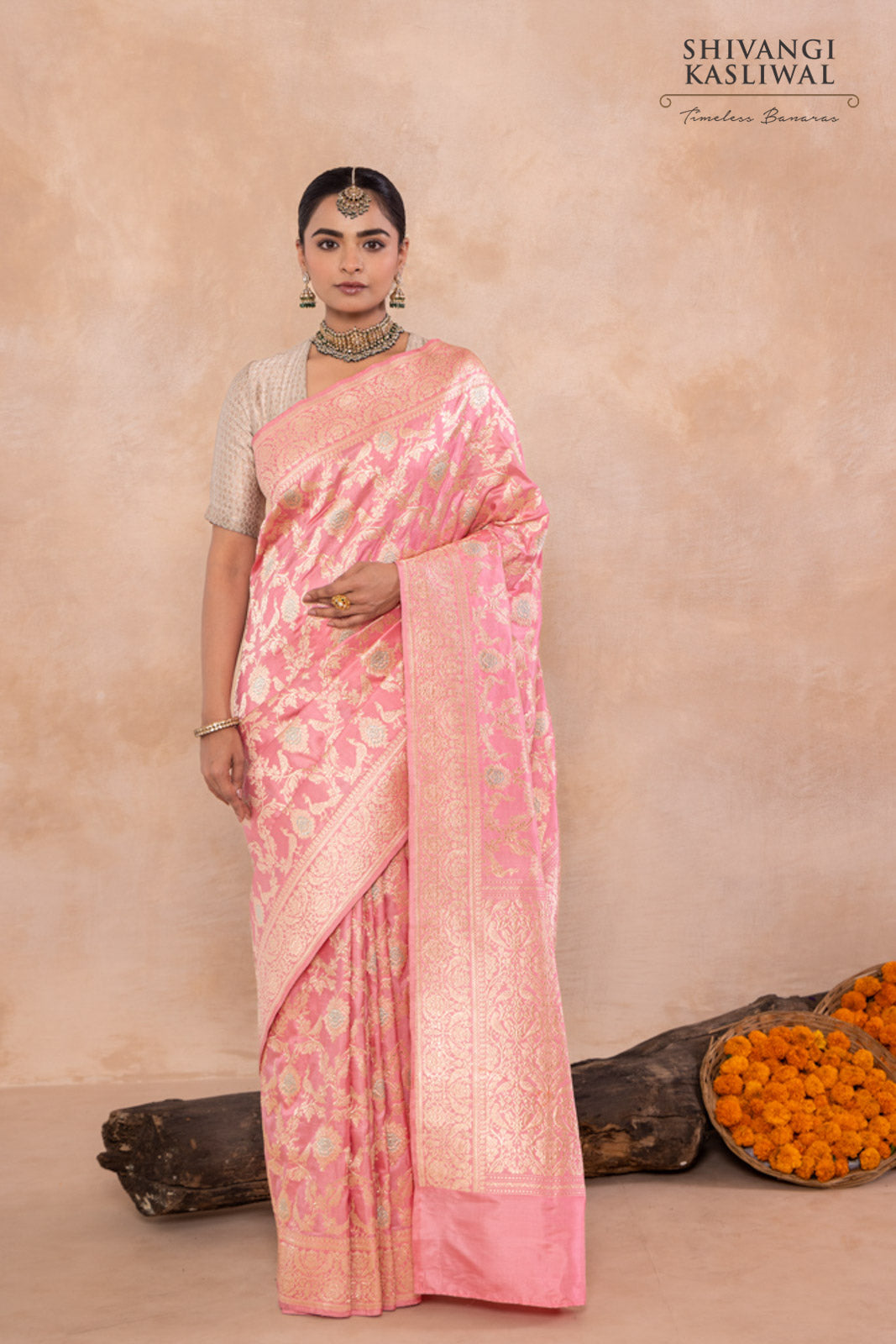 Baby Pink Handwoven Banarasi Kadhua Silk Saree