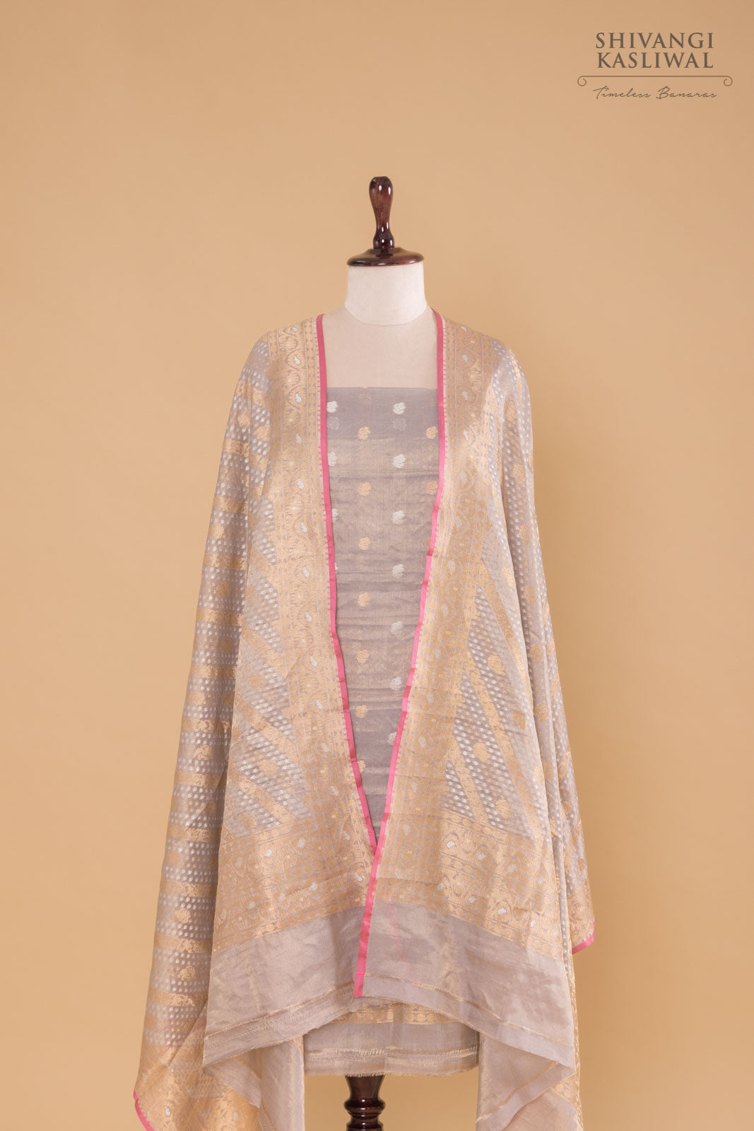 Grey Handwoven Banarasi Tissue Silk Suit Piece
