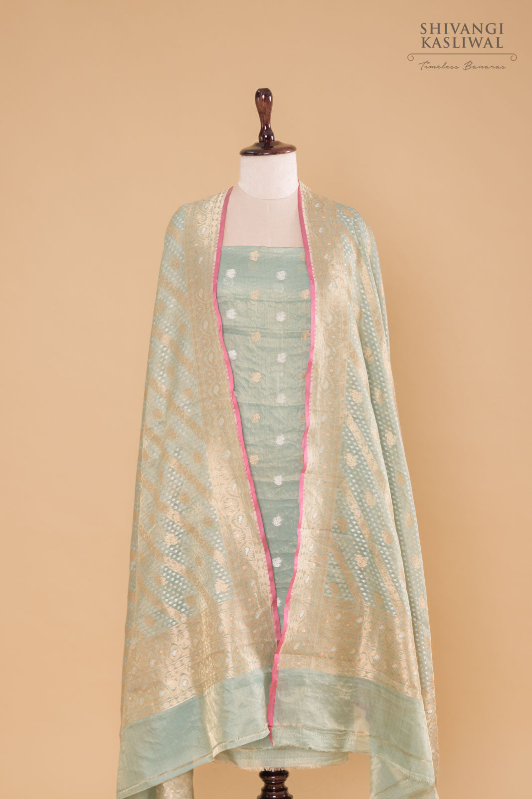 Mint Blue Handwoven Banarasi Tissue Silk Suit Piece