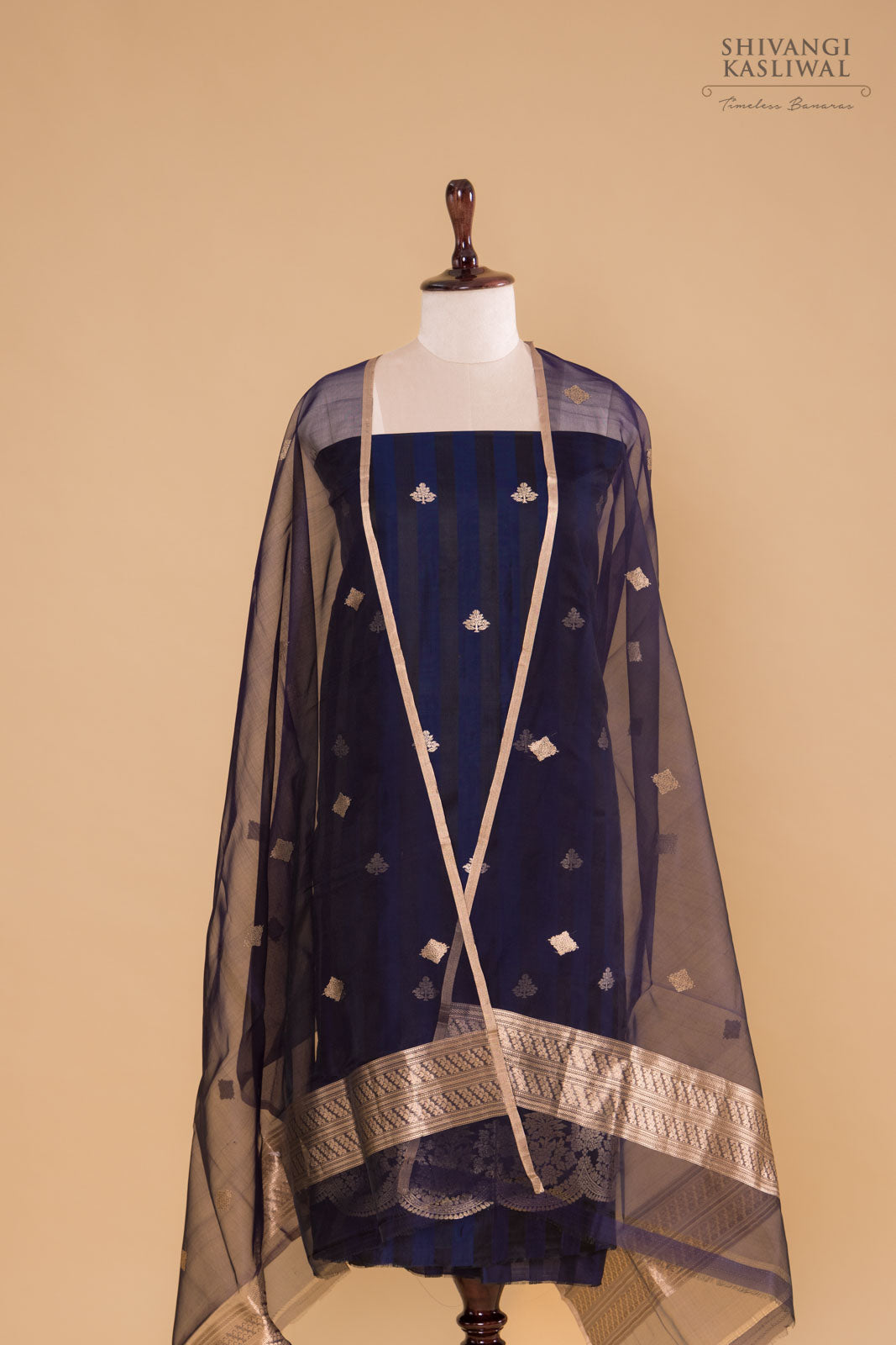 Black Blue Handwoven Banarasi Silk Suit Piece