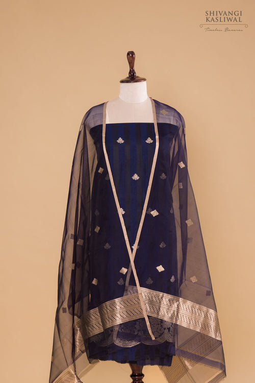 Black Blue Handwoven Banarasi Silk Suit Piece