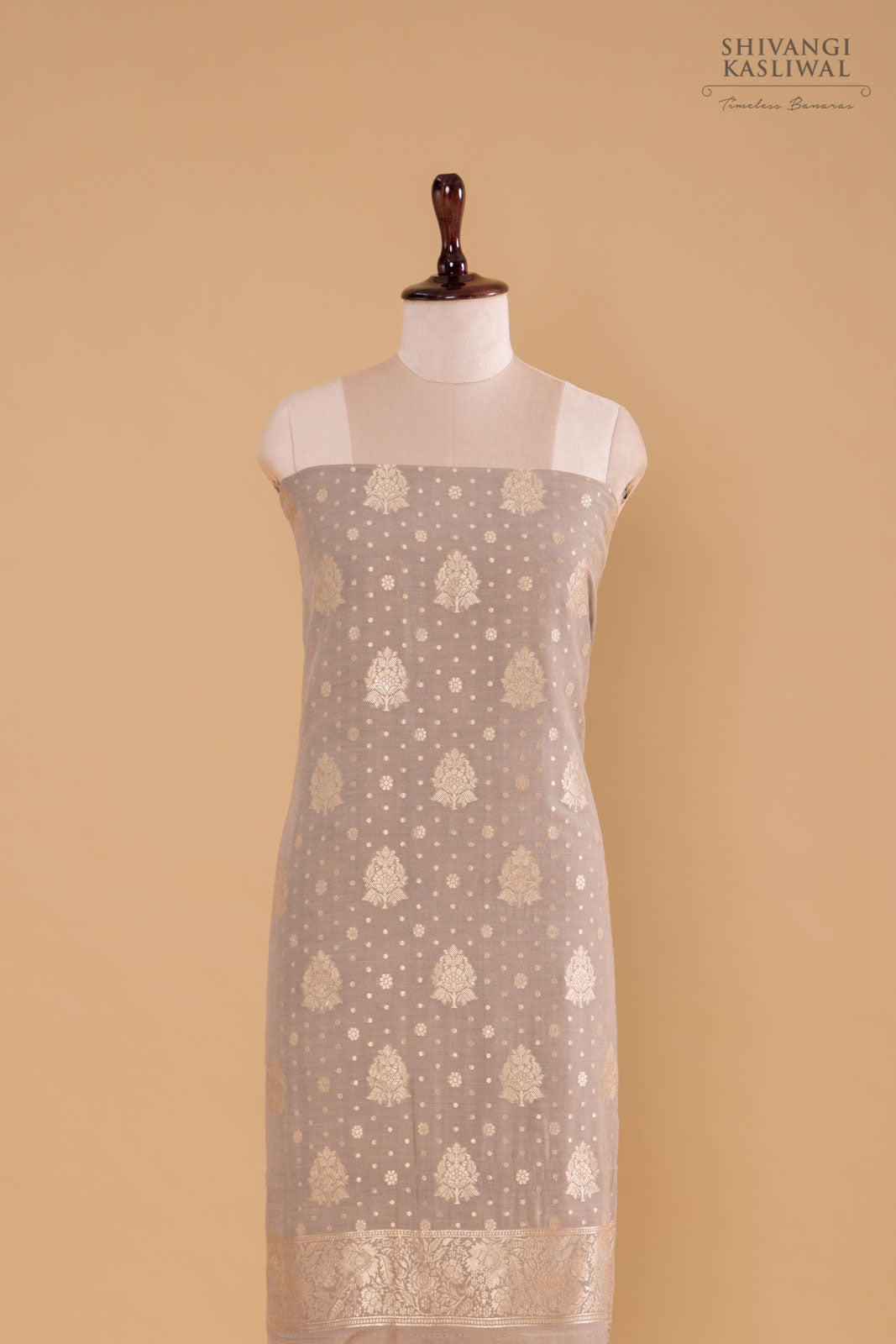 Grey Handwoven Banarasi Moonga Silk Suit Piece