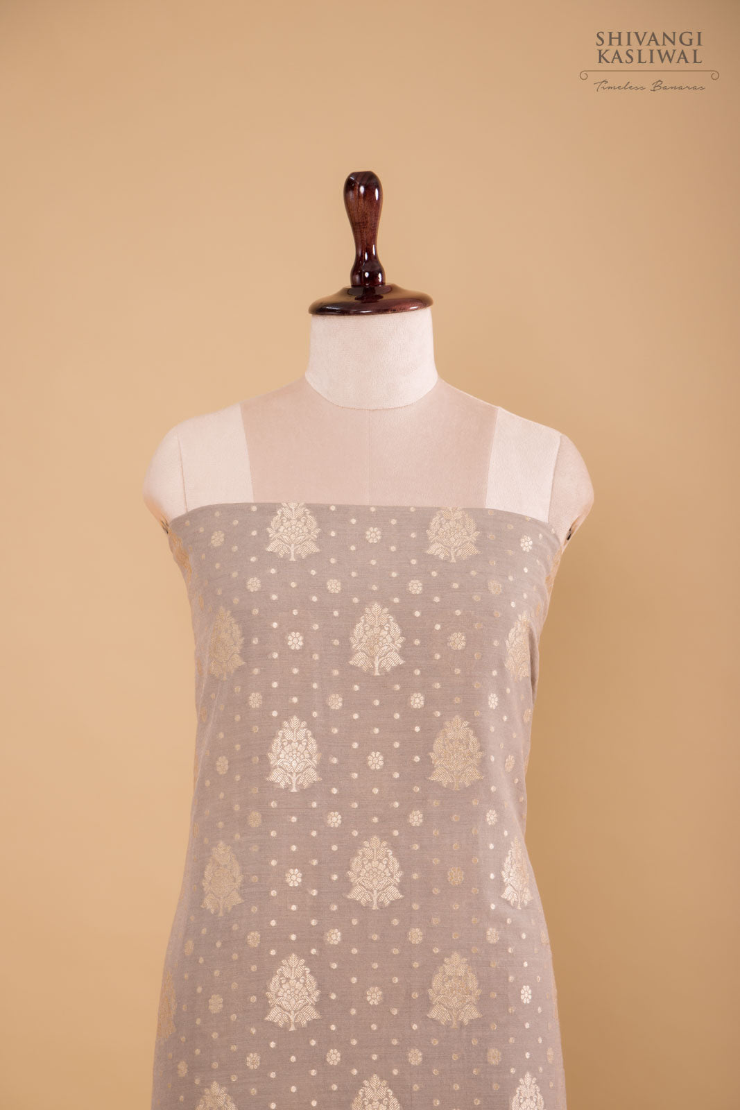 Grey Handwoven Banarasi Moonga Silk Suit Piece