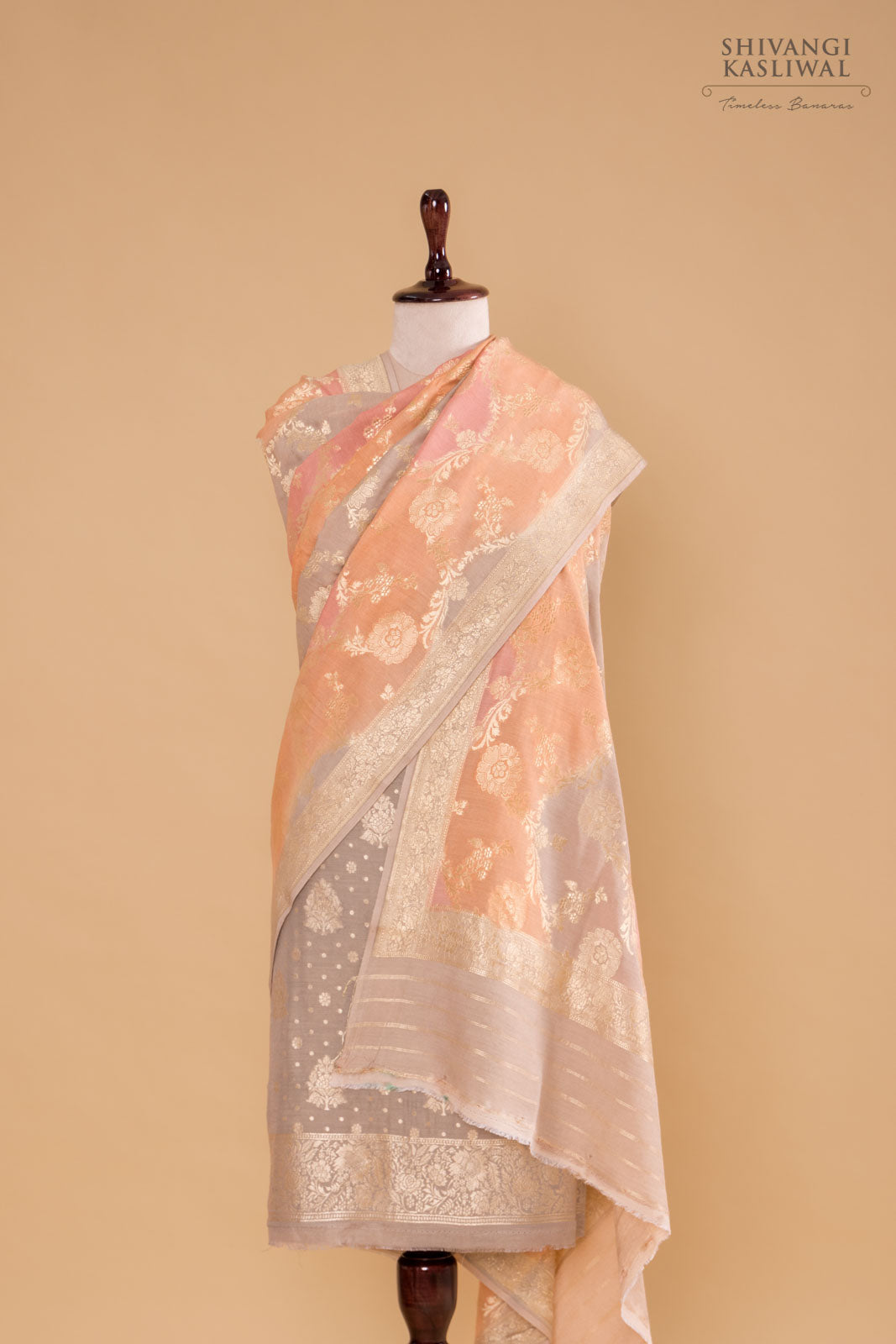 Grey Handwoven Banarasi Moonga Silk Suit Piece