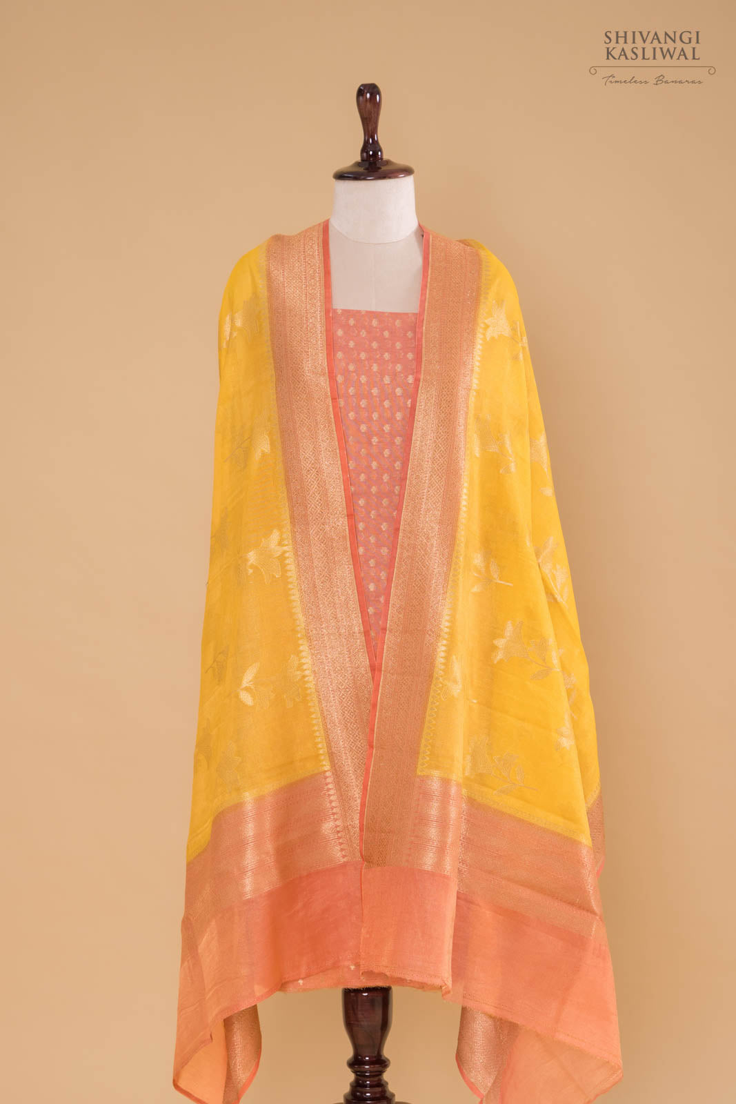 Peach Pink Handwoven Banarasi Chanderi Tissue Suit Piece