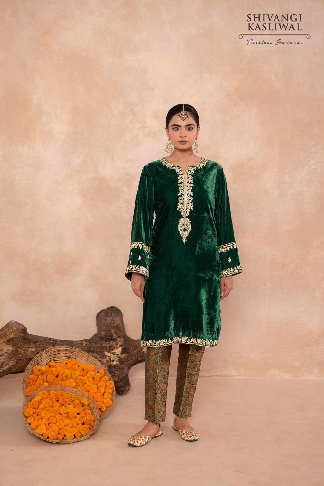 Green Velvet Kurta With Brocade Pant