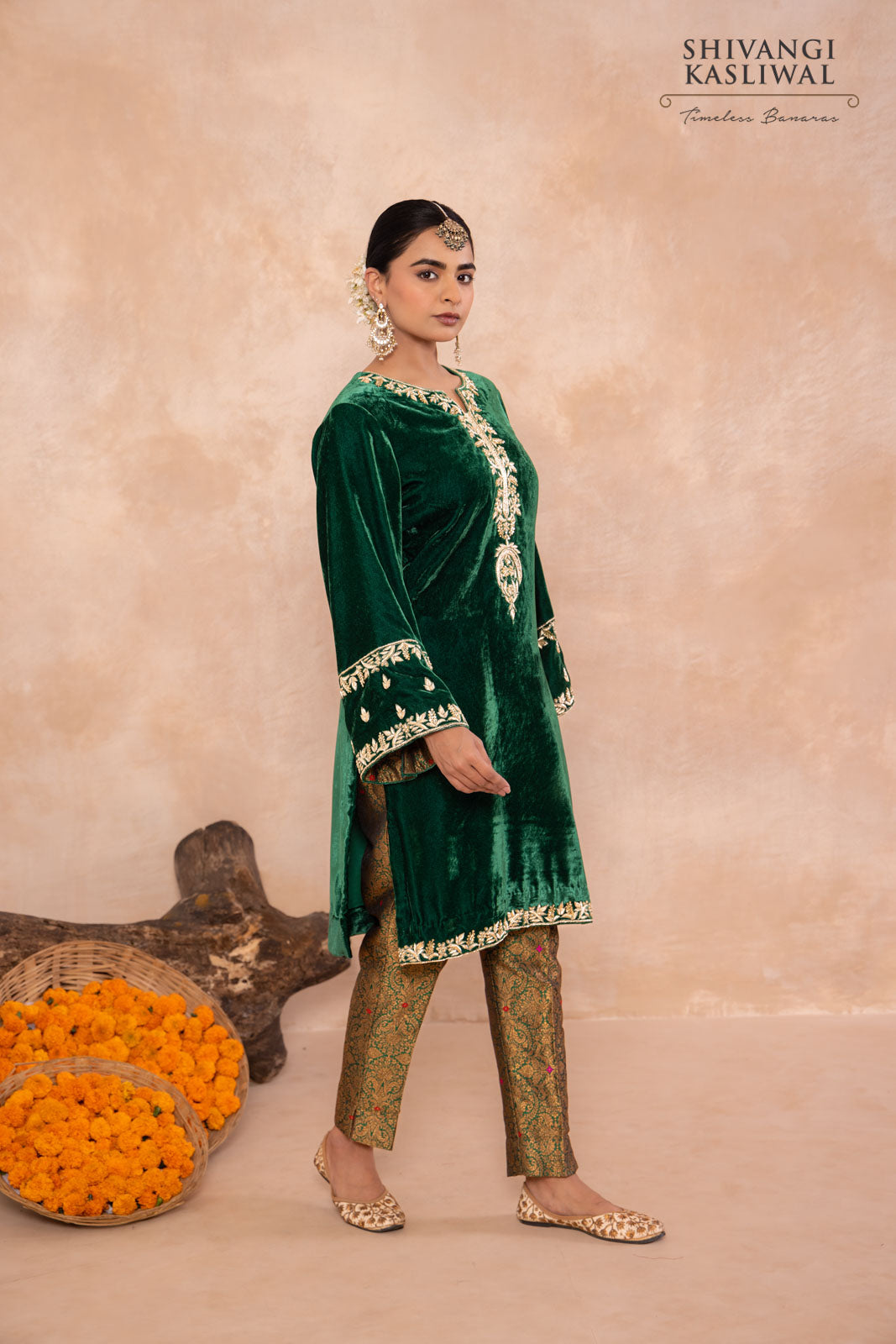 Green Velvet Kurta With Brocade Pant