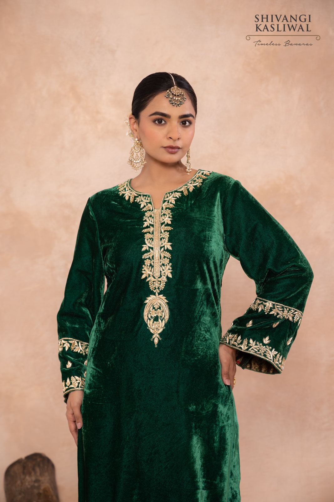 Green Velvet Kurta With Brocade Pant