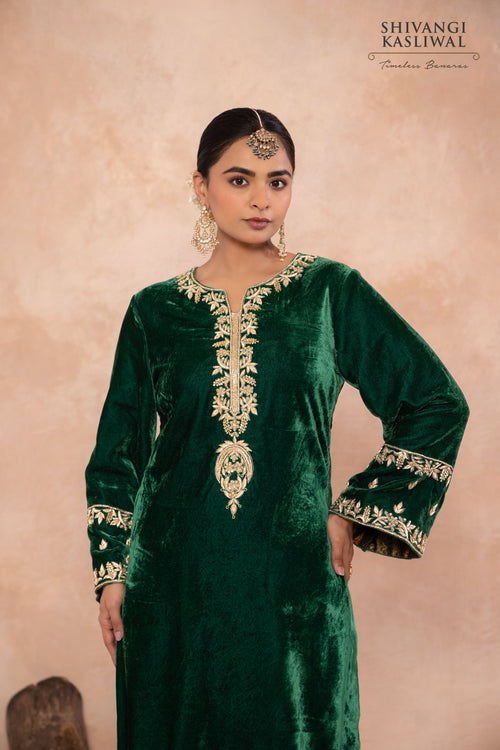 Green Velvet Kurta With Brocade Pant