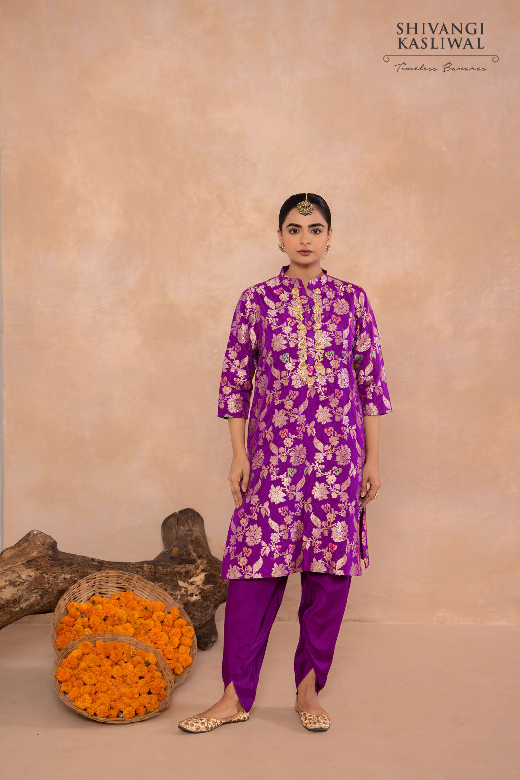 Magenta Pink Banarasi Silk Kurta With Tulip Salwar