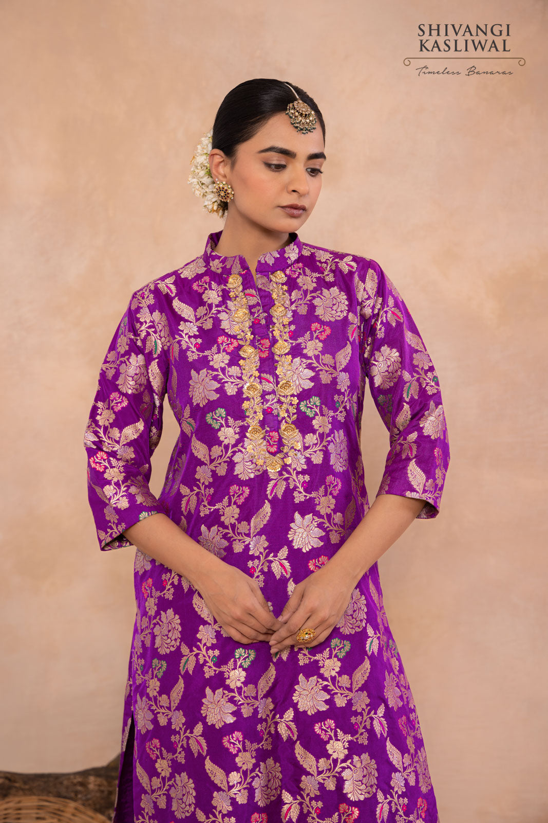 Magenta Pink Banarasi Silk Kurta With Tulip Salwar