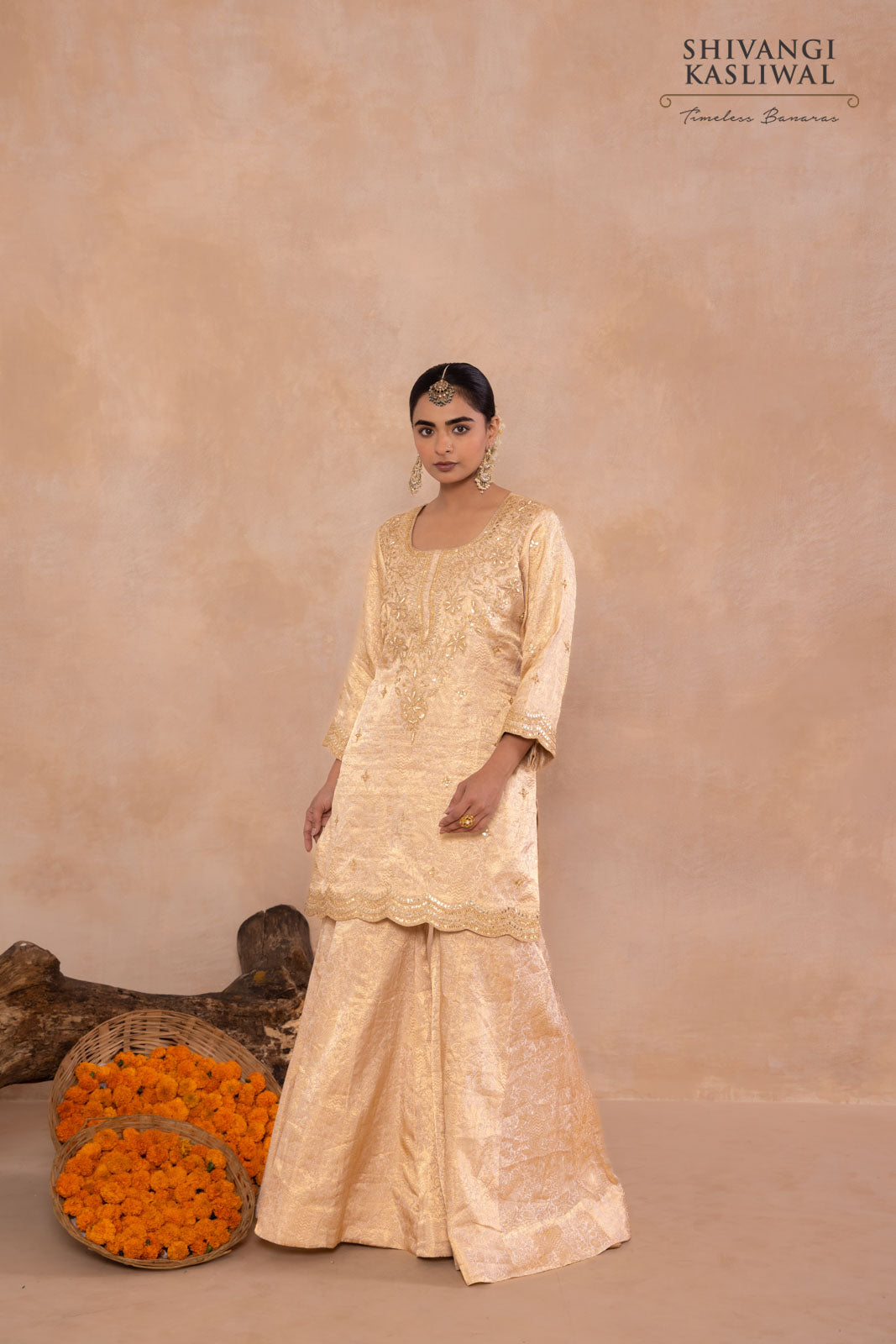Beige Gold Tissue Silk Sharara Set