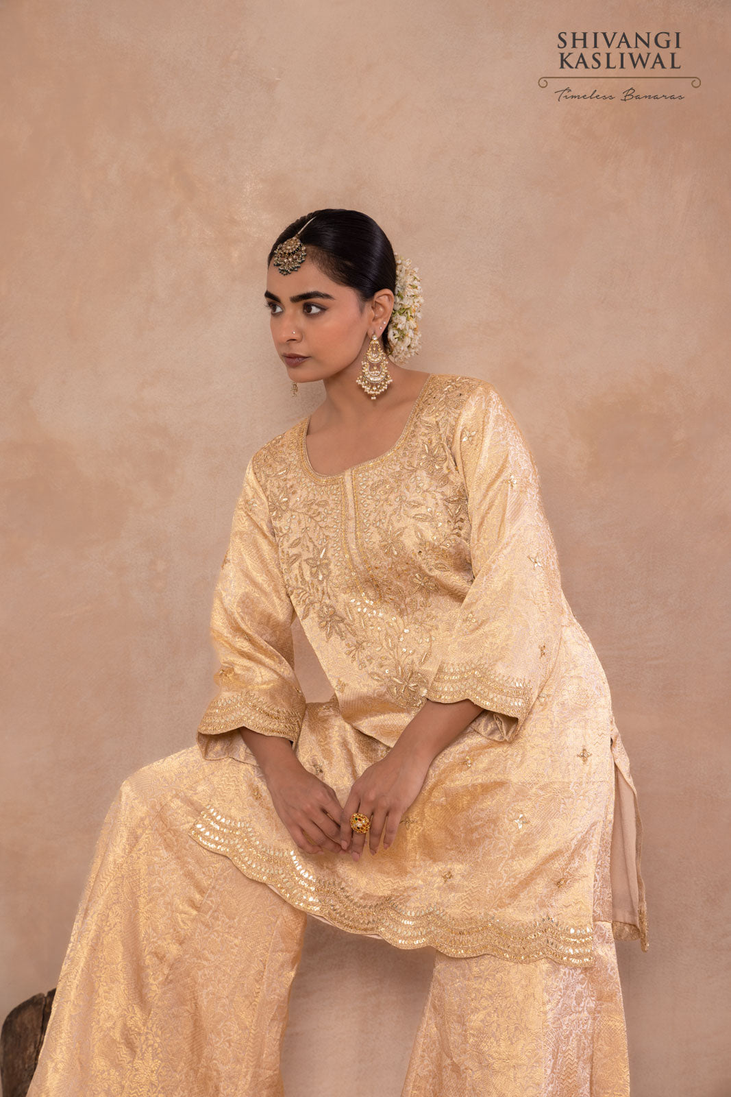 Beige Gold Tissue Silk Sharara Set
