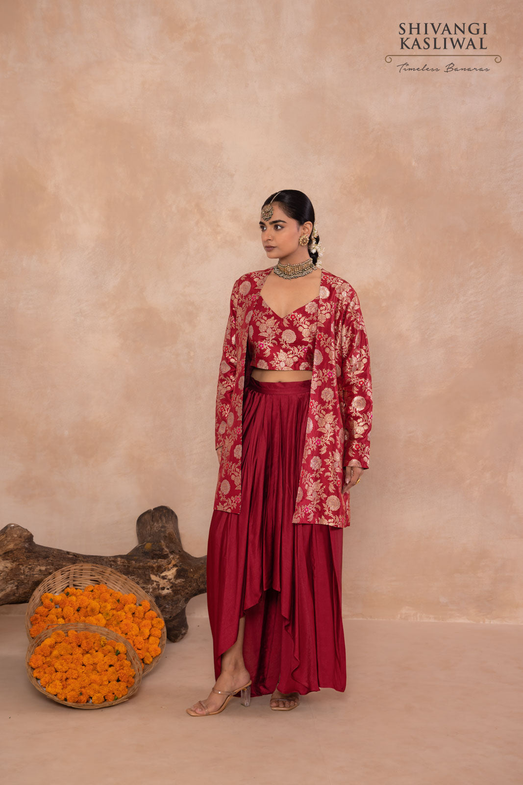Maroon Banarasi Jacket with Draped Skirt