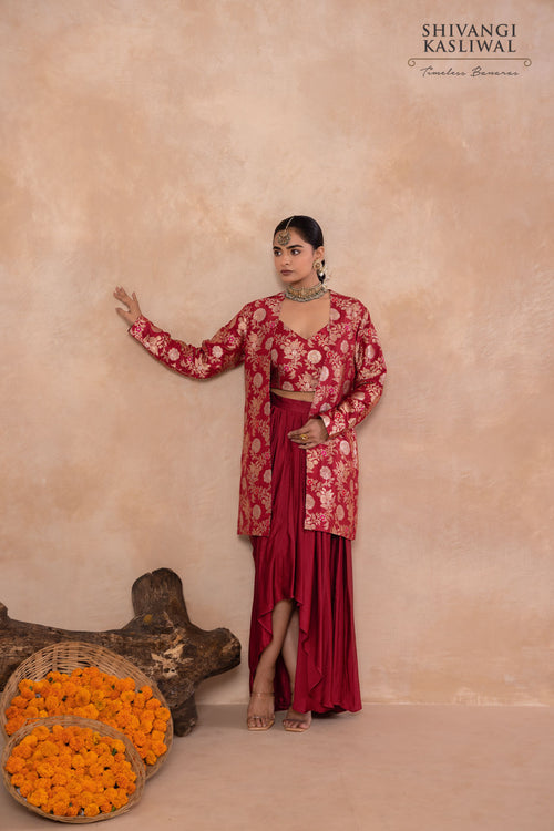 Maroon Banarasi Jacket with Draped Skirt