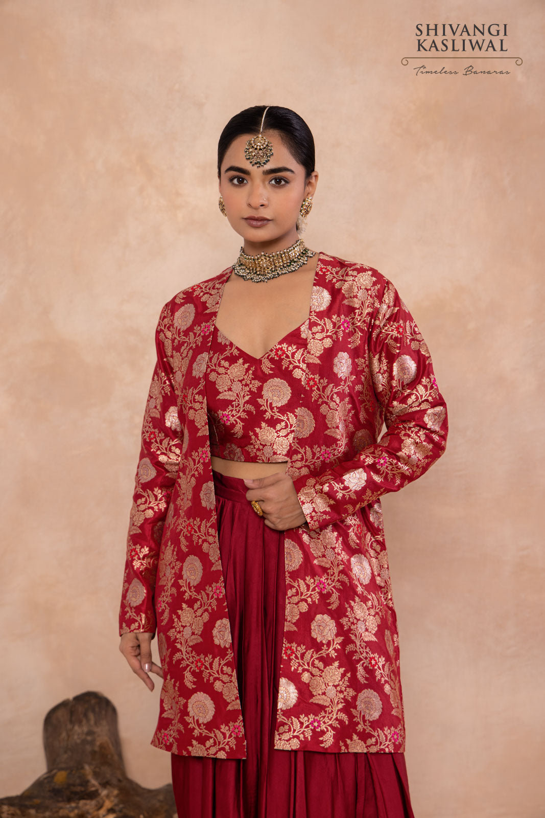 Maroon Banarasi Jacket with Draped Skirt