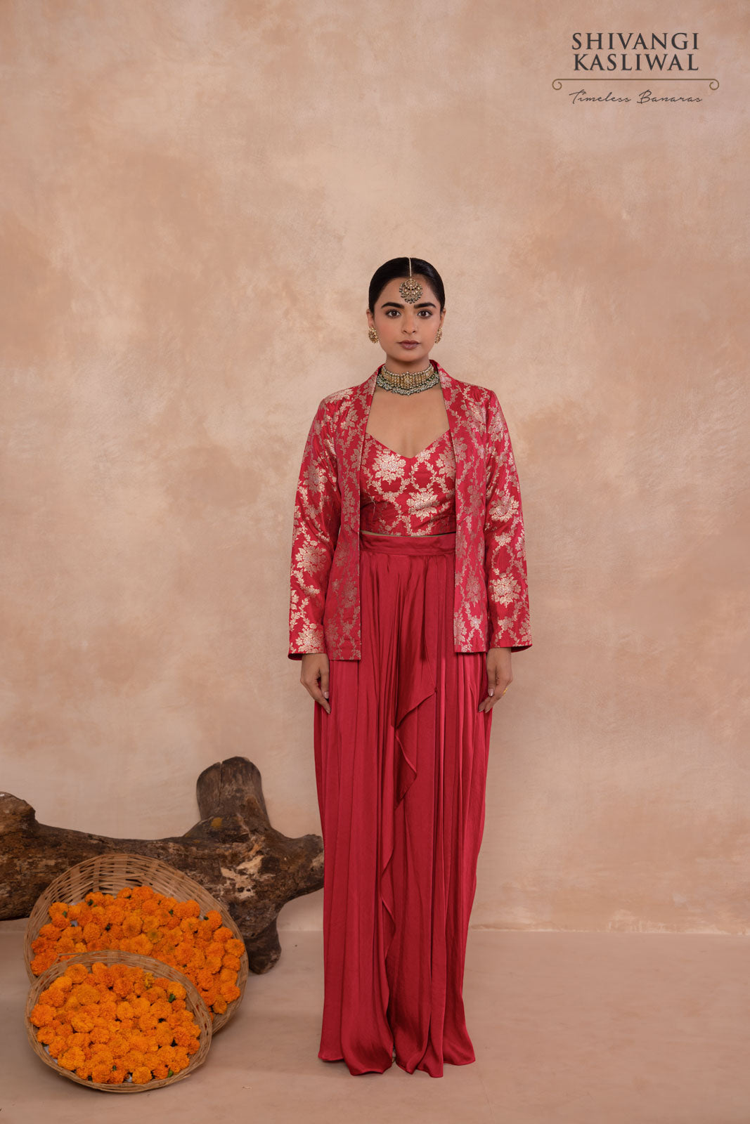 Red Banarasi Jacket with Draped Skirt