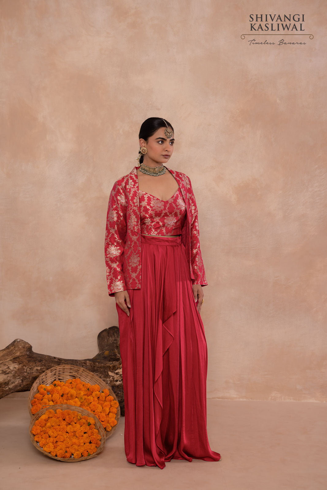 Red Banarasi Jacket with Draped Skirt