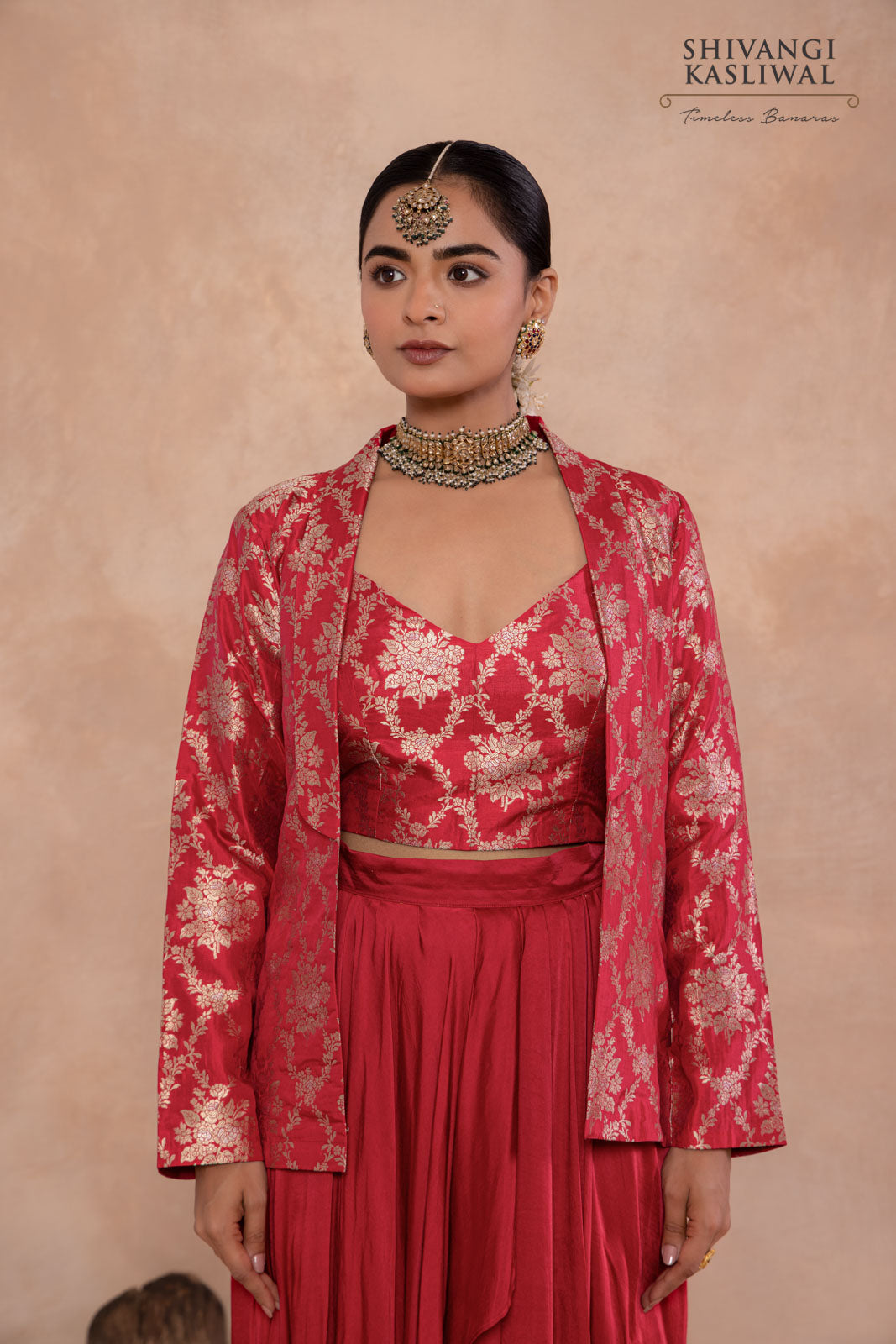 Red Banarasi Jacket with Draped Skirt