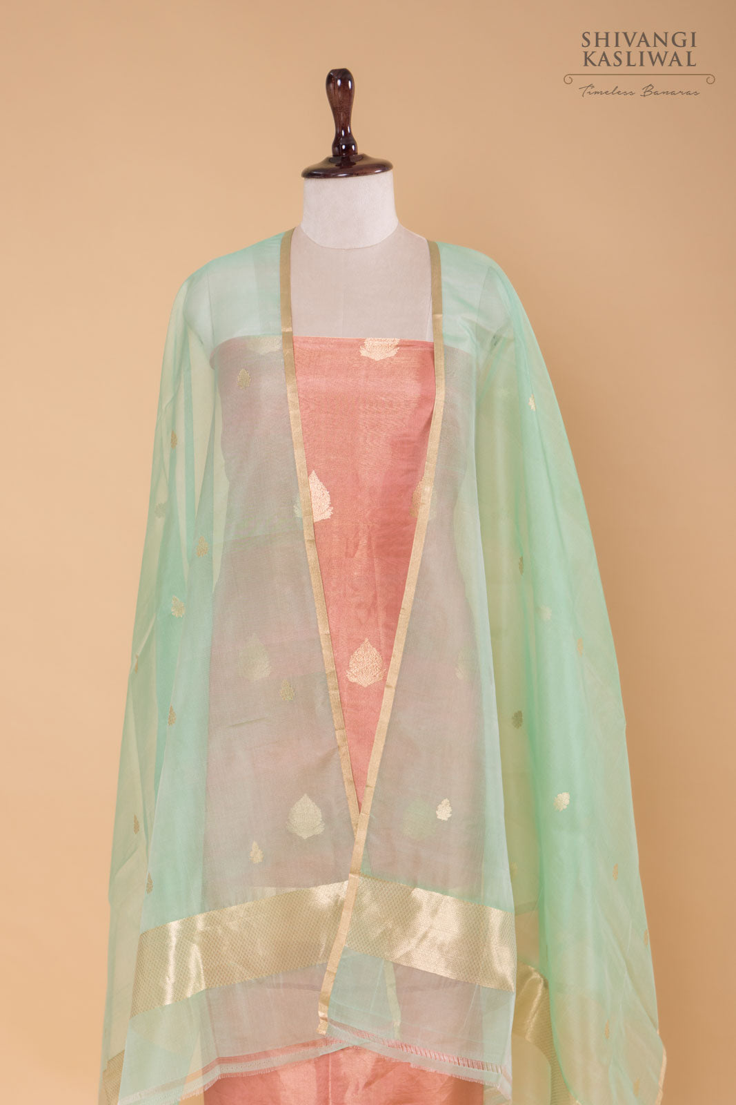 Peach Handwoven Banarasi Tissue Silk Suit Piece