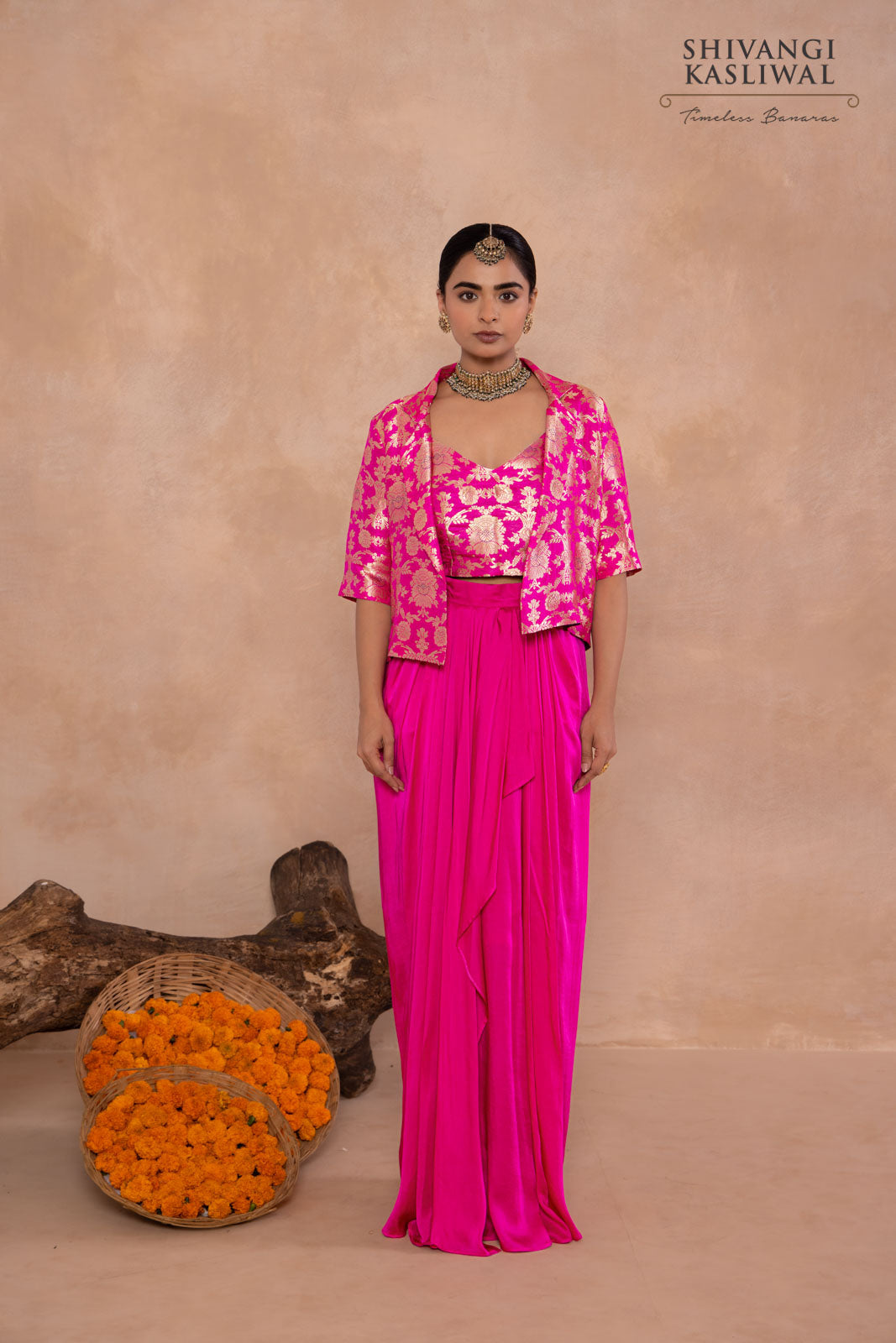 Rani Pink Banarasi Jacket with Draped Skirt