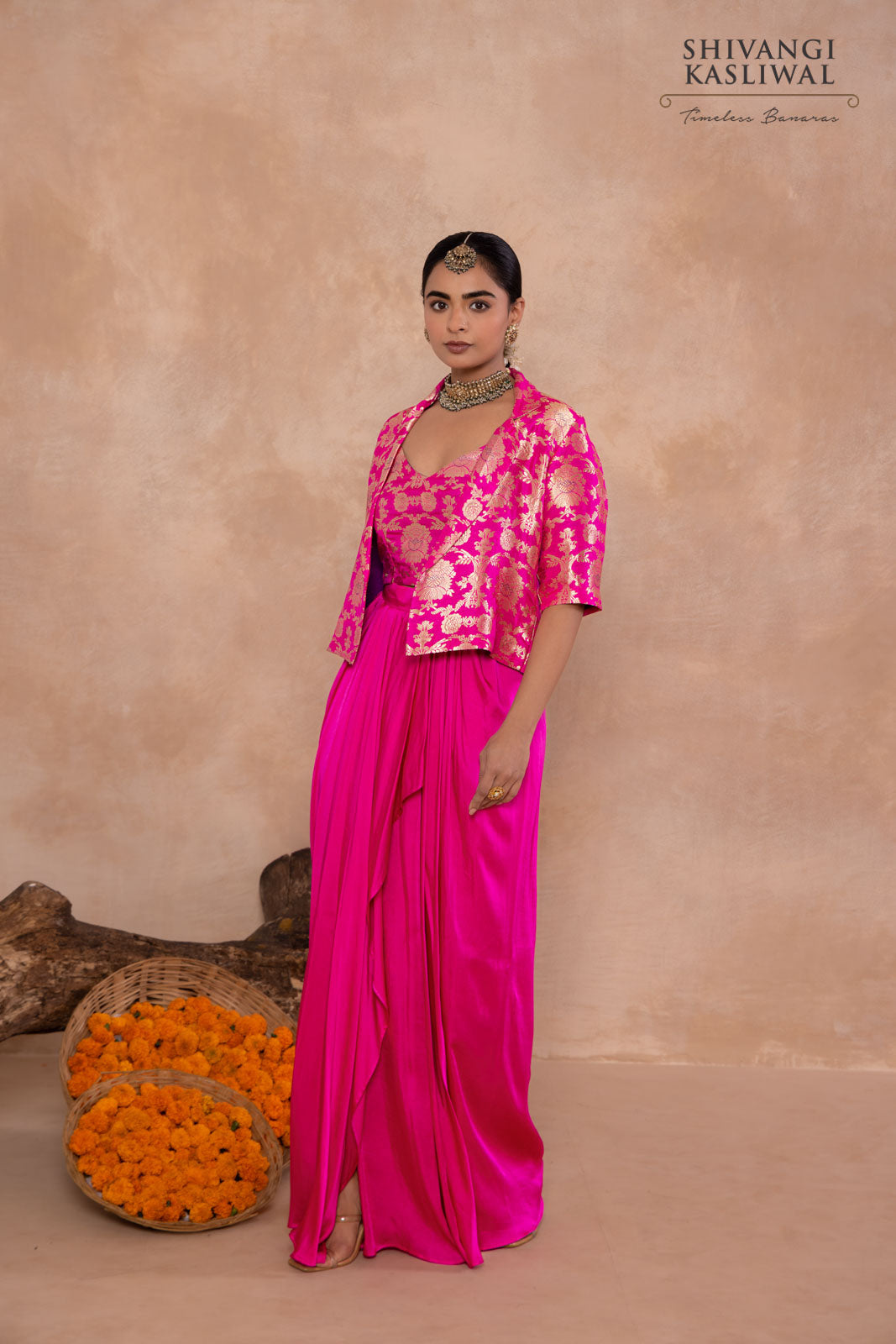 Rani Pink Banarasi Jacket with Draped Skirt