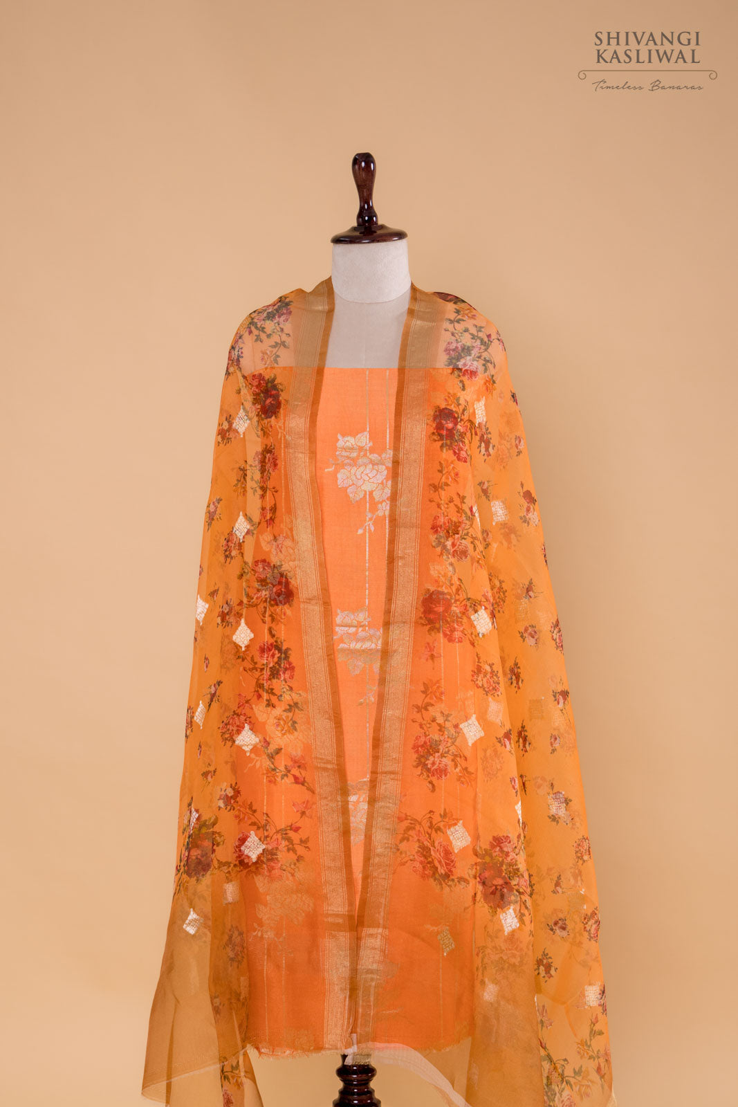 Orange Handwoven Banarasi Chiniya Silk Suit Piece