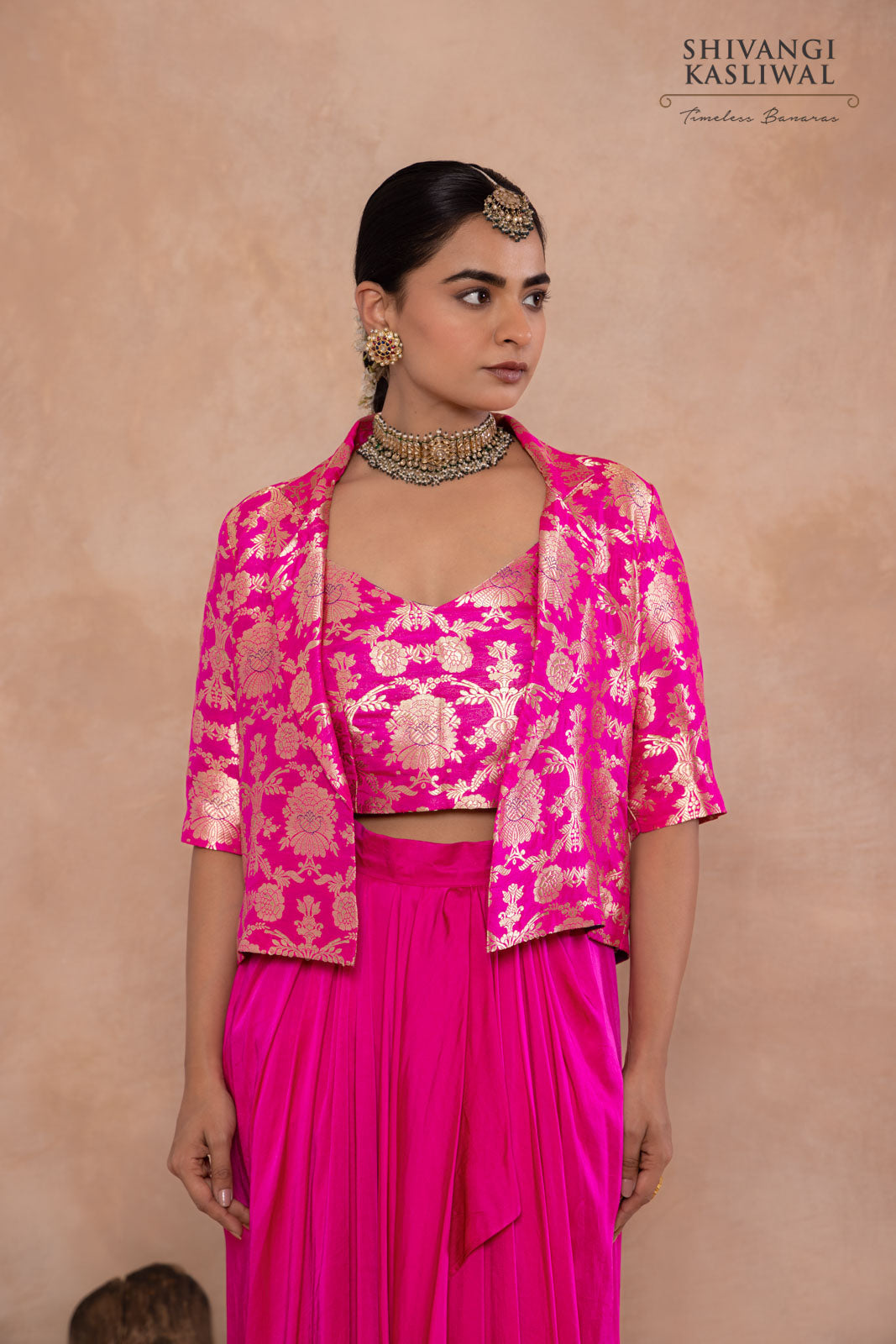 Rani Pink Banarasi Jacket with Draped Skirt