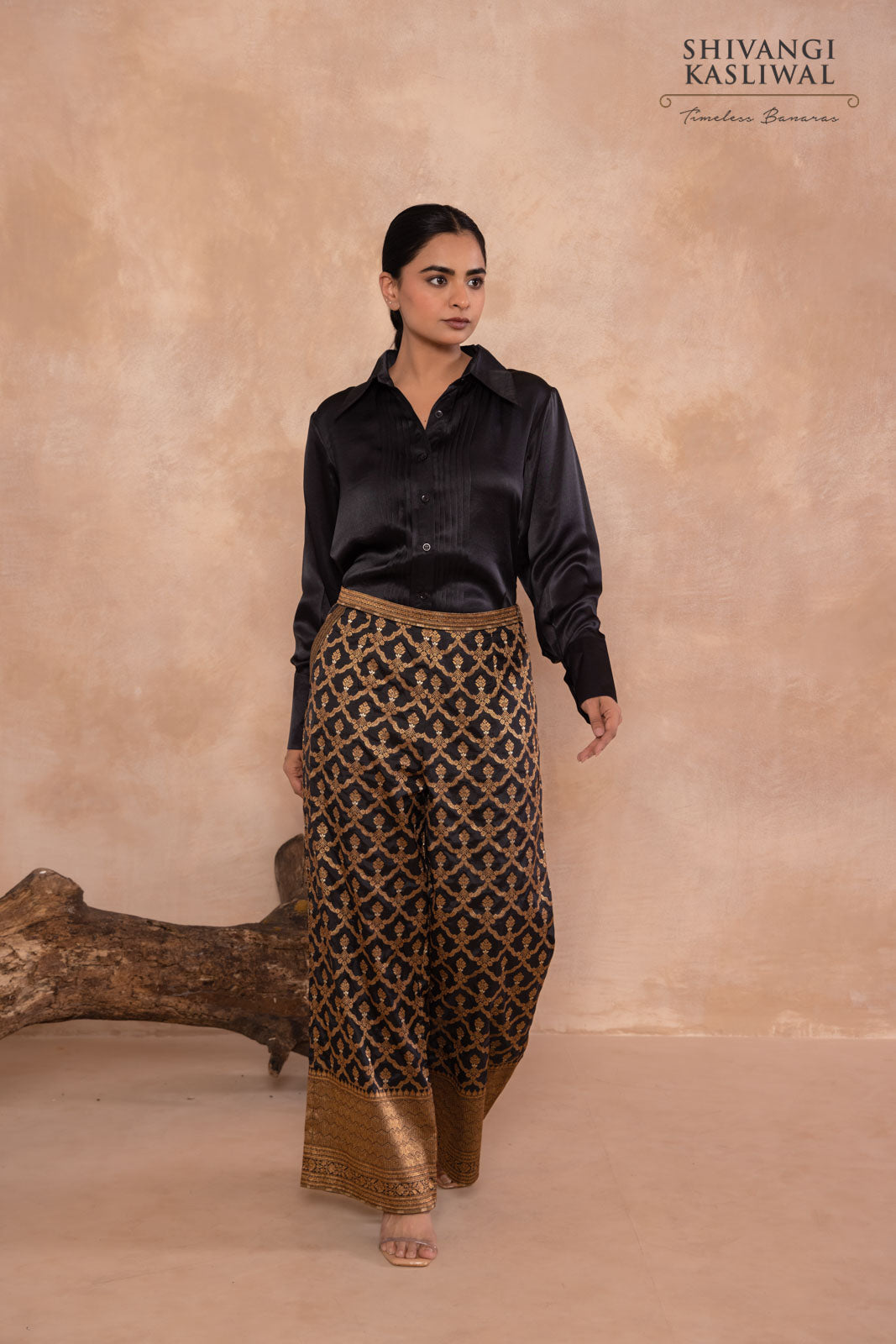 Black Silk Shirt with Banarasi Brocade Pant