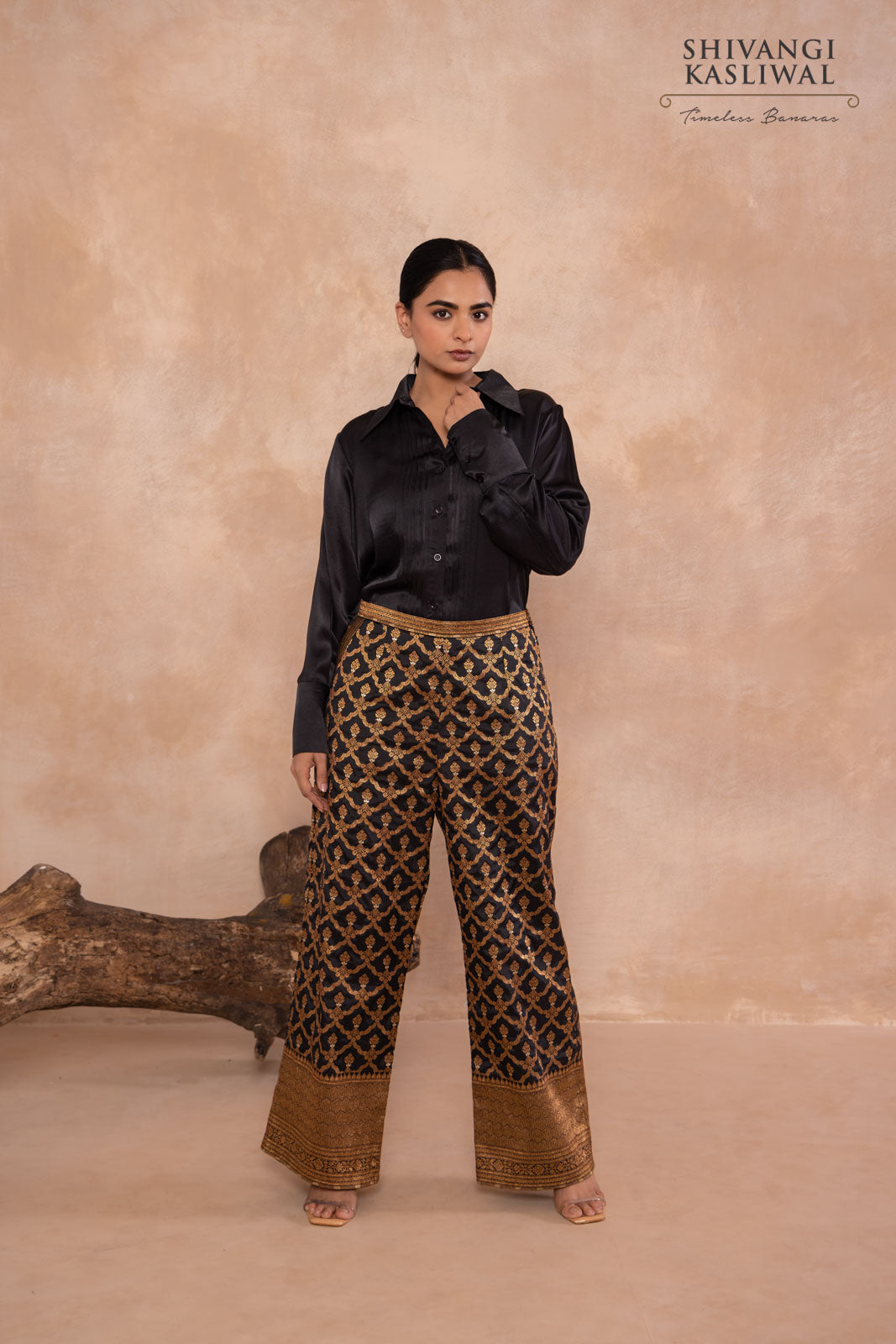 Black Silk Shirt with Banarasi Brocade Pant